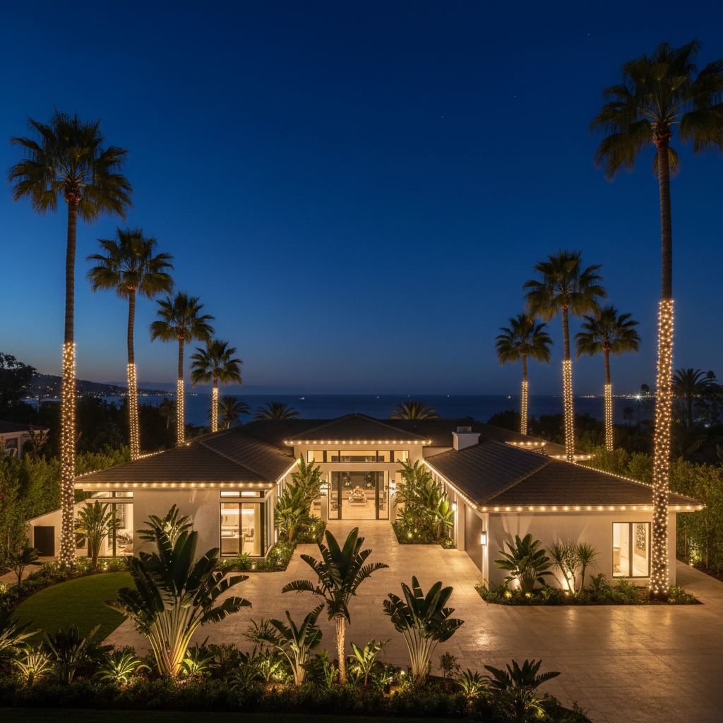 Contemporary Coastal Estate, La Jolla with Christmas lights