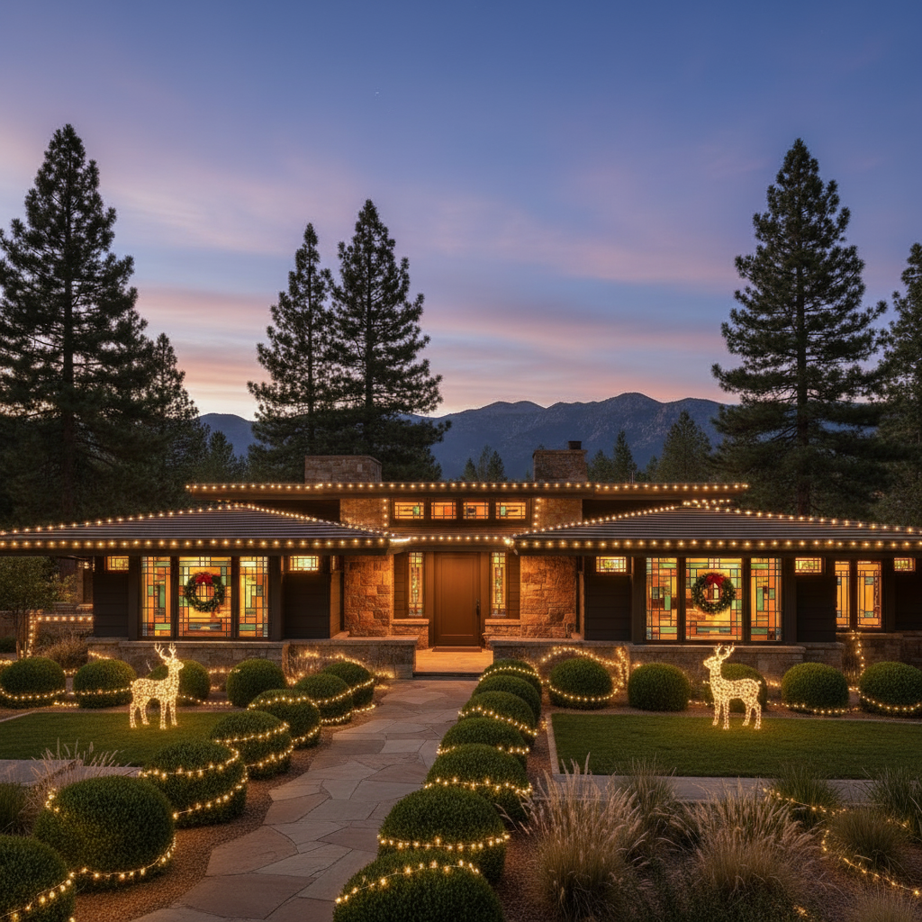 After: Frank Lloyd Wright Prairie Estate — 14 Topiaries Wrapped in Warm White, Roofline Runs & Glowing Reindeer