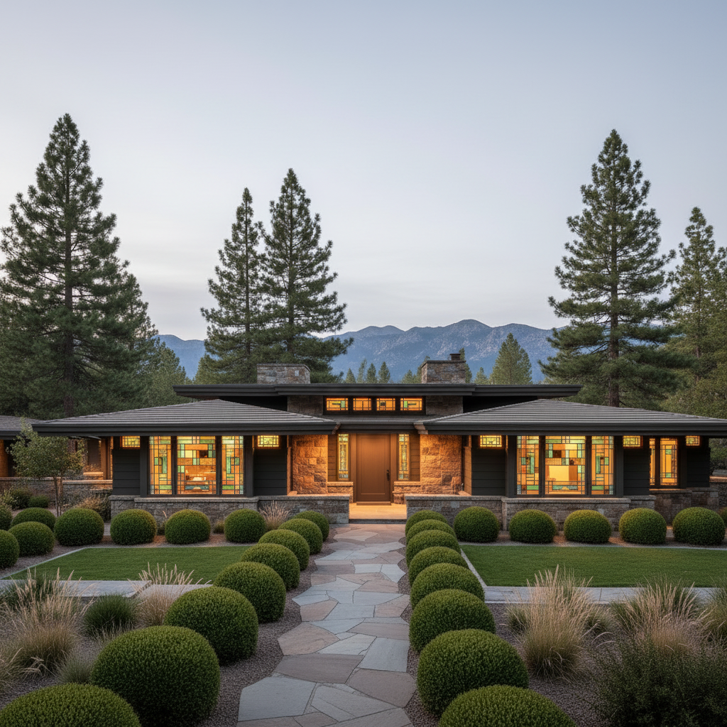 Before: Frank Lloyd Wright Prairie Estate — 14 Topiaries Wrapped in Warm White, Roofline Runs & Glowing Reindeer