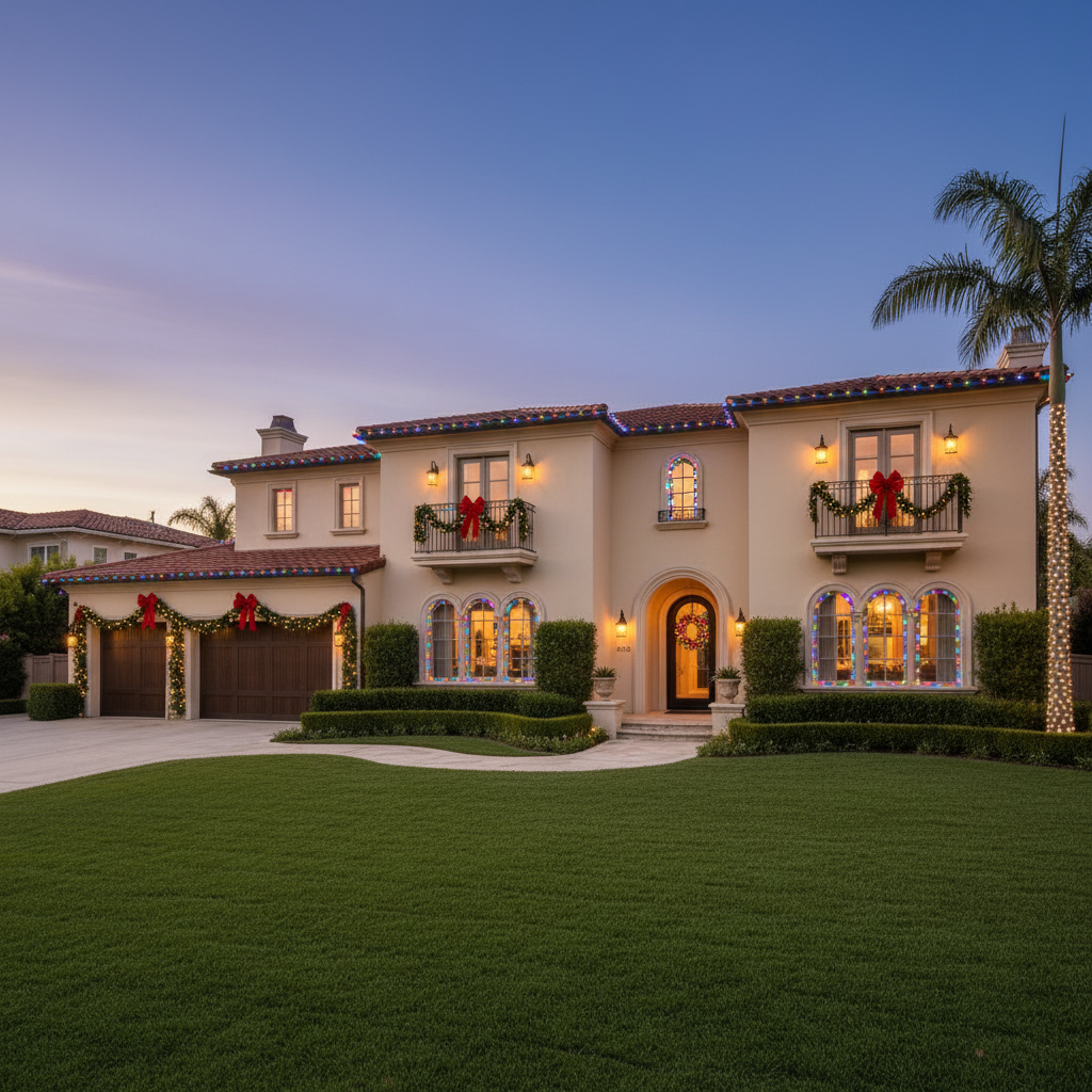 After: Mediterranean Two-Story — Colorful Roofline Lights, Garland on Garage, Balcony & Front Door