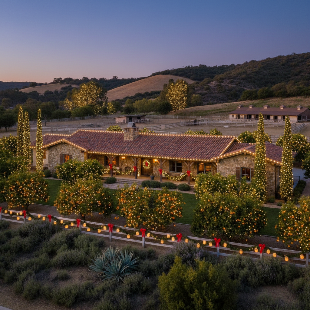 After: Ranch Equestrian Estate — Lights Through the Cypress & Citrus Trees, Classic C9 Bulbs Across the Fascia