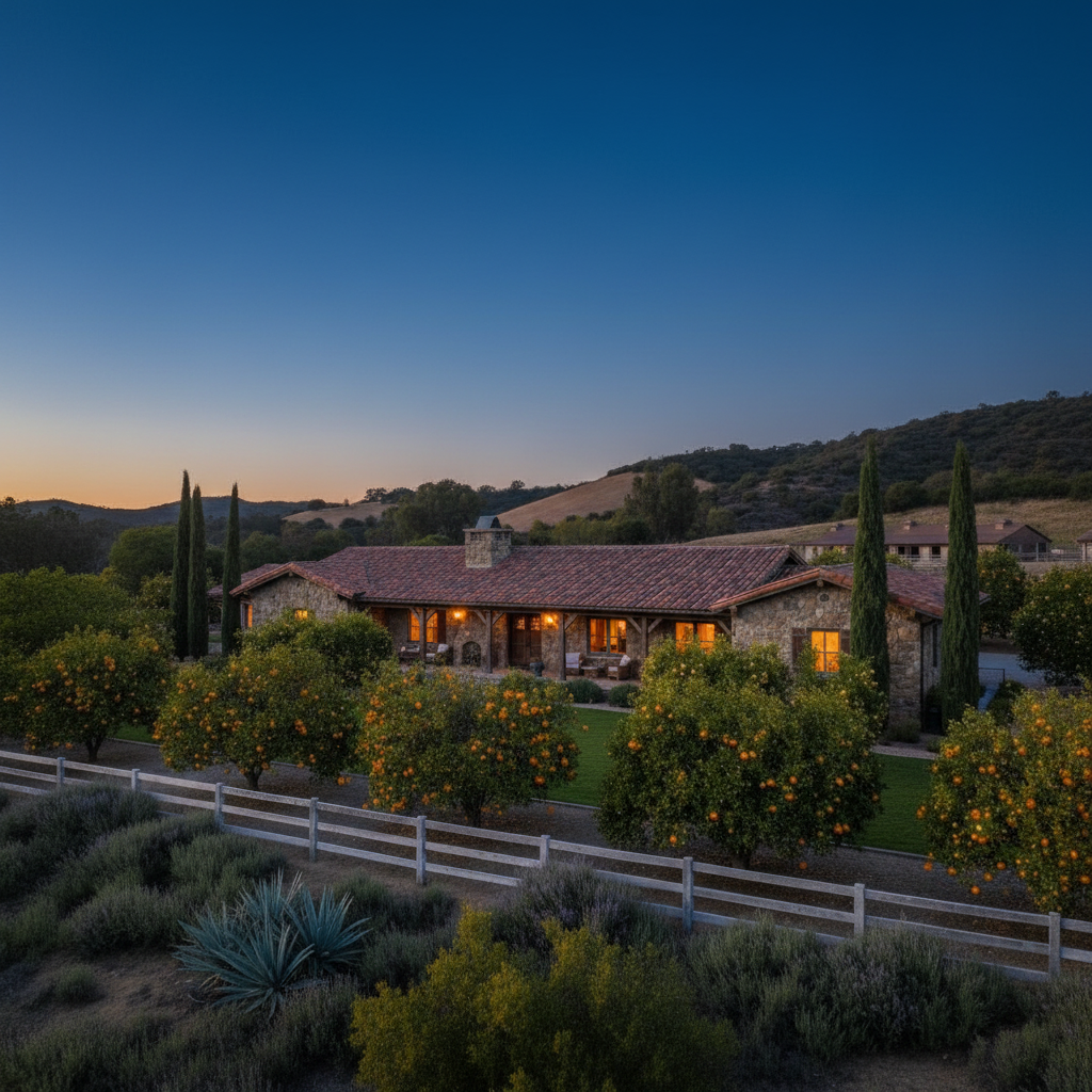 Before: Ranch Equestrian Estate — Lights Through the Cypress & Citrus Trees, Classic C9 Bulbs Across the Fascia